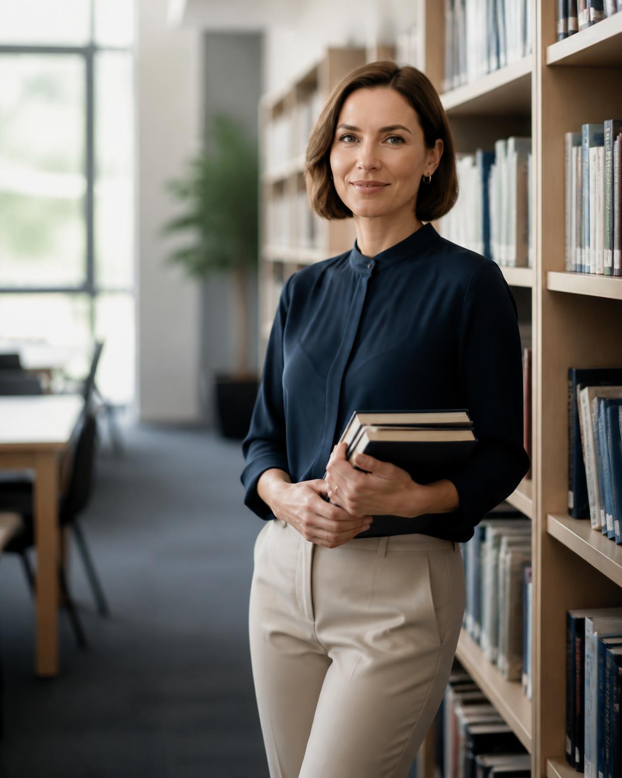 A teacher standing in a bright school library